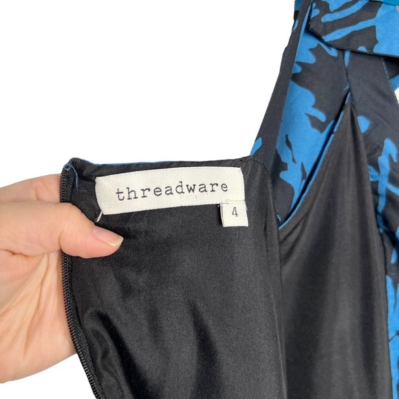 Threadware 100% Silk Blue & Black Printed Flutter Sleeve Dress - Picture 13 of 13